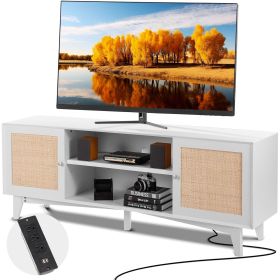 VEVOR Rattan TV Stand for 75in TV, Boho TV Stand with Rattan Door, Entertainment Center with Build-in Socket, Storage Cabinet with 2 Shelves