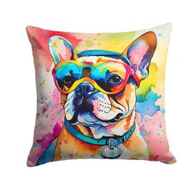 French Bulldog Hippie Dawg Throw Pillow Machine Washable, Indoor Outdoor Decorative Pillow for Couch, Bed or Patio, 14Hx14W