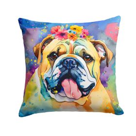 English Bulldog Hippie Dawg Throw Pillow Machine Washable, Indoor Outdoor Decorative Pillow for Couch, Bed or Patio, 14Hx14W