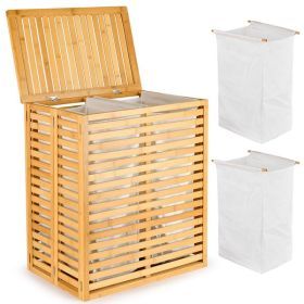 Bamboo Laundry Hamper with Lid – Foldable Clothes Basket with 2-Section Removable Liner Bag, Space-Saving Laundry Sorter for Bathroom, Bedroom