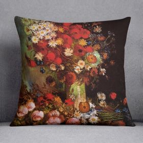 Vase with Poppies Cornflowers Peonies and Chrysanthemums by Van Gogh Cushion (Insert: Without Insert, size: 14" X 14")