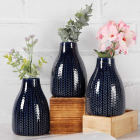 Flower Vase Set of 3, Decorative Ceramic Embossed Vase, Vase for Decor Home Living Room Office Parties Wedding (Color: Blue)