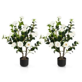 38 Inch Artificial Camellia Tree Faux Flower Plant in Cement Pot (Select: 2 Pieces)