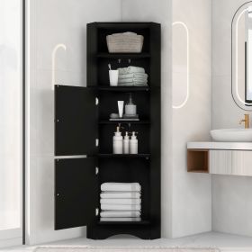 Tall Bathroom Corner Cabinet, Freestanding Storage Cabinet with Doors and Adjustable Shelves, MDF Board (Color: Black)